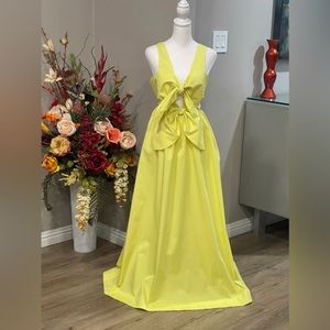 NWOT Lemon Yellow Maxi Dress With Side Cutouts, Front Tie and Big Bow Size S